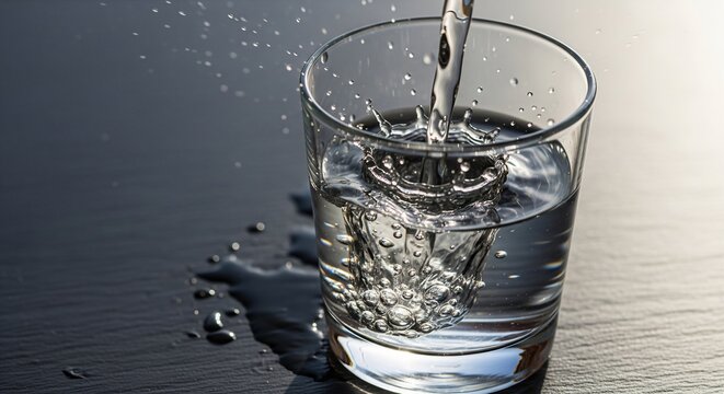 Pure fresh water pouring into a glass with splash and bubbles on a dar