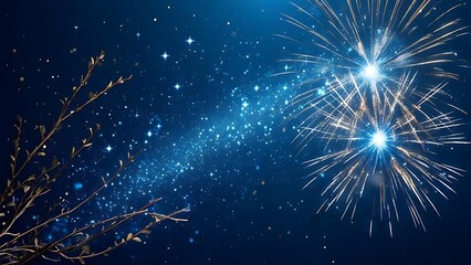 Obraz premium Night scene shows bright fireworks bursting alongside a delicate tree, with shimmering stars streaking across a deep blue backdrop