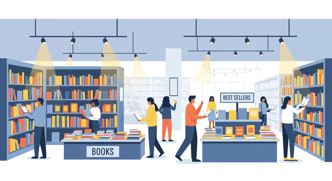 A brightly lit bookstore interior shows people browsing shelves and tables filled with books