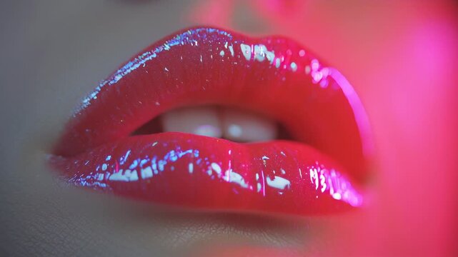 Close up of glossy red lips with neon lighting and vibrant makeup for beauty and fashion