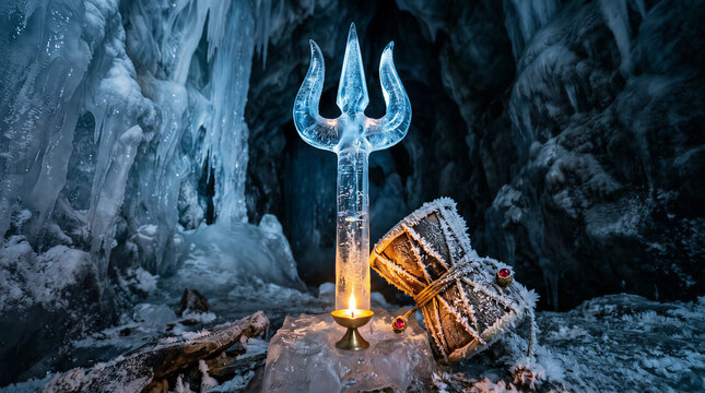 Divine Trishul in Frozen Cave with Glowing Sacred Light