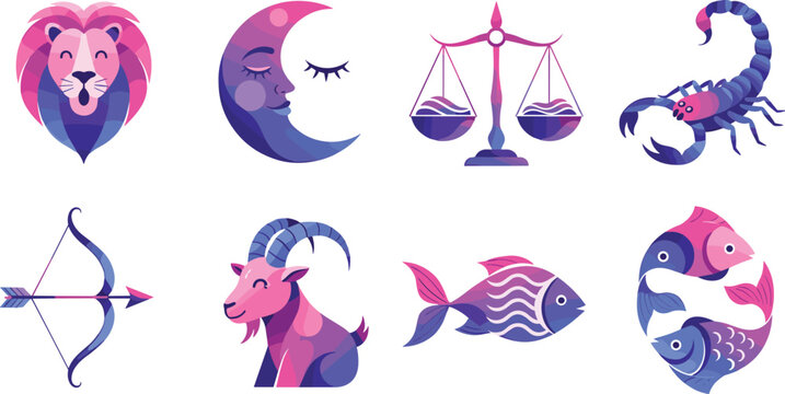 Zodiac Signs Symbols Collection with Libra Scorpio Pisces Capricorn Leo Sagittarius and Astrology Icons Gradient Flat Vector Illustration Set