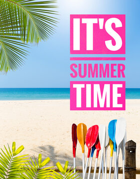 It's summer time banner with colouful oars on tropical beach background, summer season concept, outdoor day light, summer holiday and activity