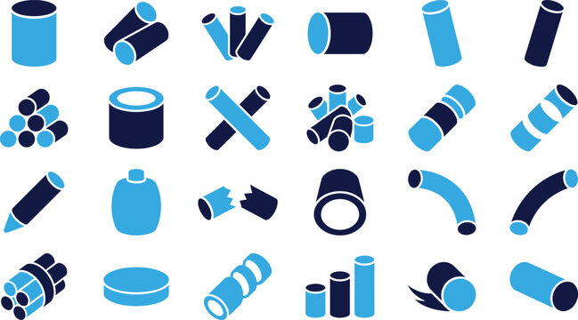 Various shapes and sizes of blue cylinders and tubes isolated on white, representing pipes or construction elements.