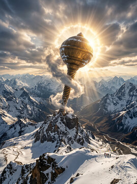 Giant Divine Mace Floating Above Snowy Mountains
