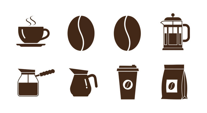 Brown coffee icons on white background.