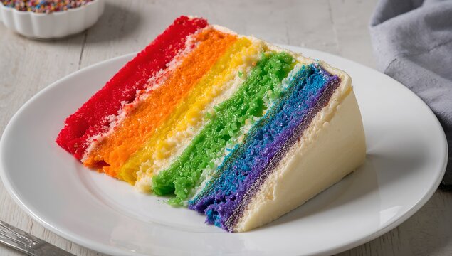 A colorful rainbow cake slice on a plate, representing diversity and joy, topped with icing