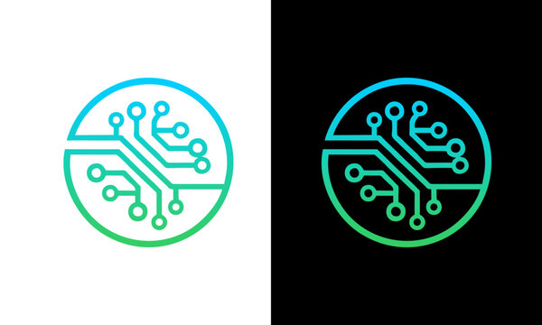A futuristic circuit board logo glows with neon colors on a white and black background.