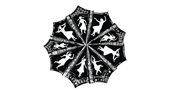 Circle of dancers in silhouette on a decorative patterned umbrella, symbolizing unity and movement.