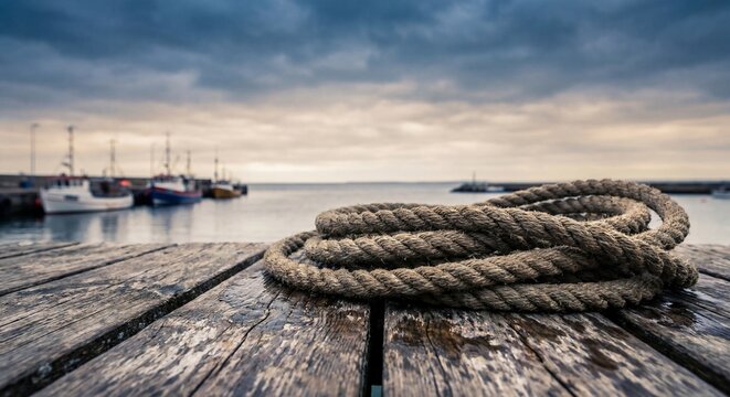 Coiled rope on weathered harbor dock with boats