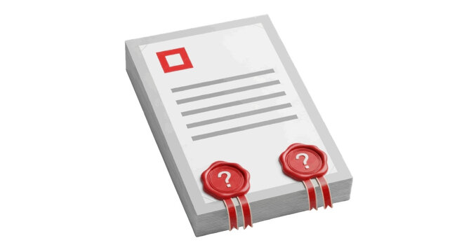Minimal black silhouette icon, simple flat vector, bold black shape, no, no shading stack of documents with red wax seals and question marks on a, flat icon style