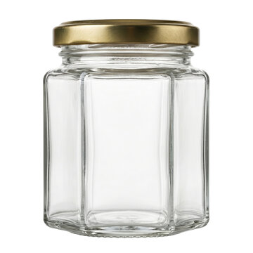 Empty hexagonal glass jar with gold metal lid