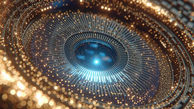 Close-up of camera lens aperture shift concept. Futuristic glowing abstract technology background with circular patterns and light particles