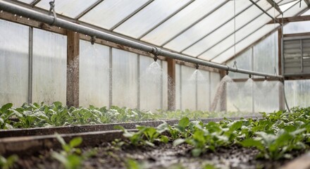 Fototapeta premium Greenhouse sprinklers watering leafy seedlings in raised beds