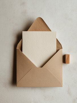 minimalist flat-lay of a letter writing set on a textured recycled paper surface
