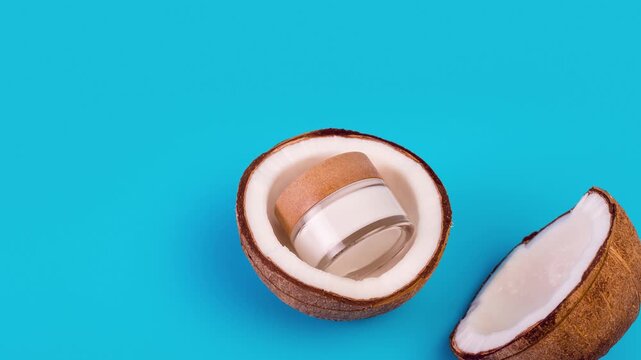 Tropical Coconut Halves with Creamy Filling on Vibrant Blue Background