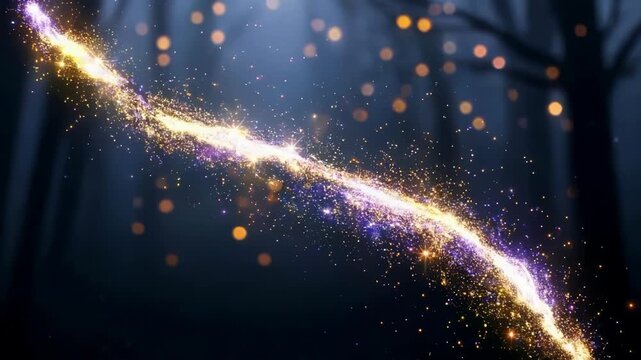 Sparkling magical energy stream flowing through a dark, bokeh background.
