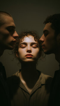 minimalist background, woman centered, two men positioned symmetrically beside her