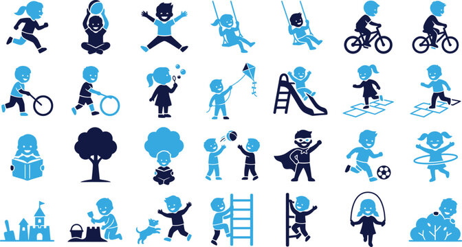 Active children playing outdoor sports and recreation icons.