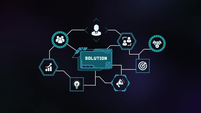 Interconnected network diagram of corporate solutions with linked central hub and problem solving icons