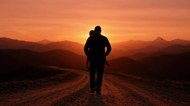 Silhouetted father carrying young child on shoulders jogging on rural mountain road at golden sunset with dramatic orange sky.