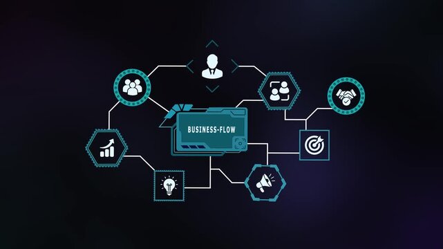 Interconnected modern corporate business flow diagram with clear process steps and team collaboration icons.