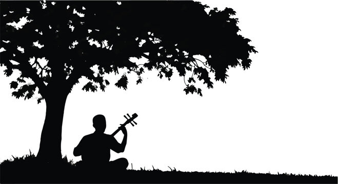 Serene silhouette of a person playing a string instrument under a large tree on a sunny day.