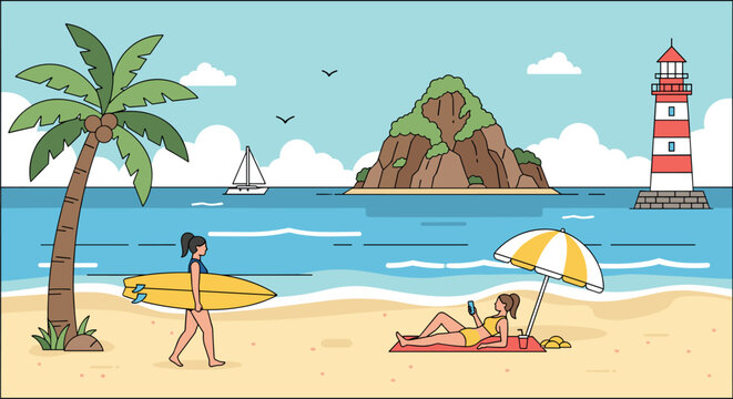 Summer beach vacation illustration with people relaxing surfing sunbathing palm trees lighthouse and ocean scenic travel concept