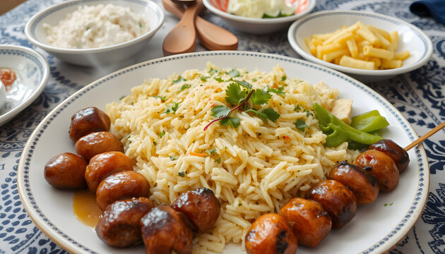 dishes of Uzbek cuisine lagman, pilaf, skewers, Dynamic motion. White tone