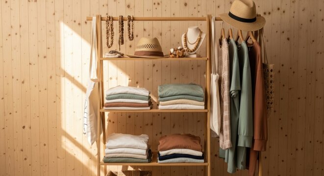 Natural Bamboo Garment Rack Displaying Folded Organic Cotton Clothing and Accessories in a Boutique Setting