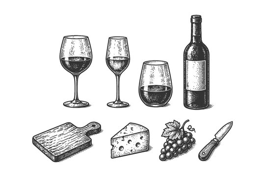 Elegant wine tasting and appetizer set including various glasses, wine bottle, cheese, and grapes for restaurant menu and bar advertising designs.