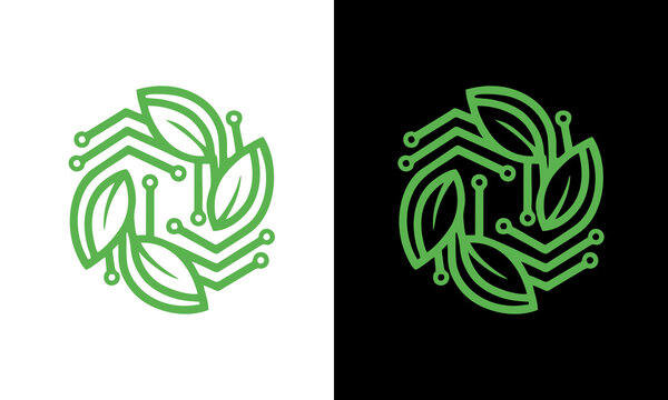 Green circuit board logo with leaves on white and black backgrounds