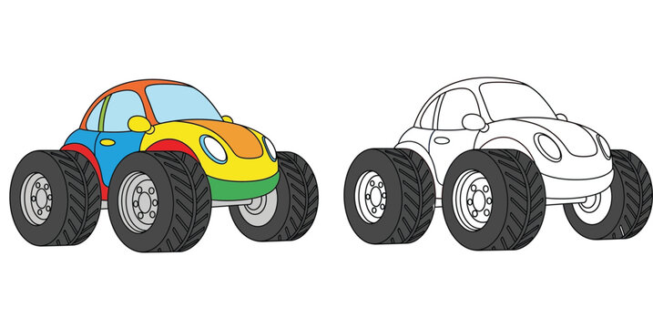 Cute cartoon monster bug car vector illustration with colorful version and black and white line art for kids coloring book.