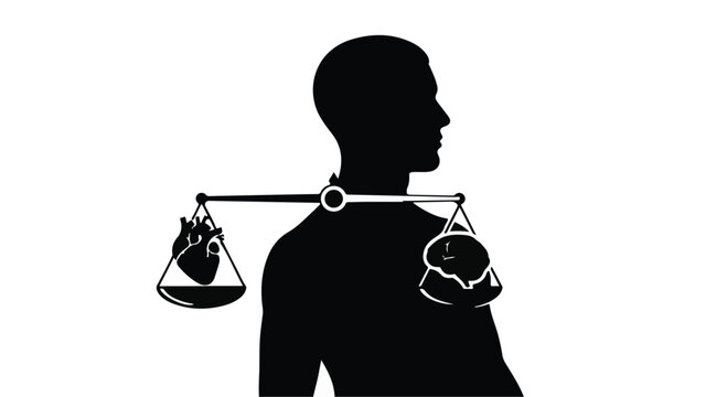 Silhouette of a person balancing a heart and a brain on a scale