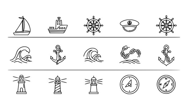 Minimal sailor line icons horizontal set editable stroke nautical and ocean symbols isolated on white 