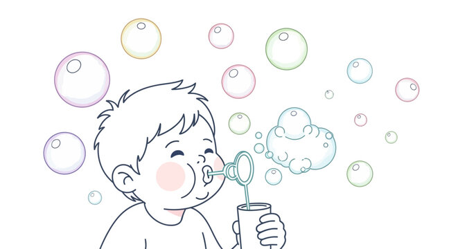 Boy Blowing Bubbles With Wand.