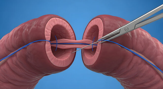 Hand-Sewn Intestinal Anastomosis With Sutures and Forceps Surgical Illustration Showing Bowel Repair Technique


