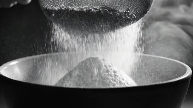 Black and white close up of flour being sifted into a dark ceramic bowl, cooking ingredient preparation.