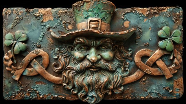 Green leprechaun head with hat, beard, and clovers. Stone relief with aged, weathered texture. Festive Irish theme for St. Patrick's Day. Decorative wall art or holiday signage