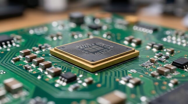 Close up of a microprocessor on a green circuit board a detailed technological view