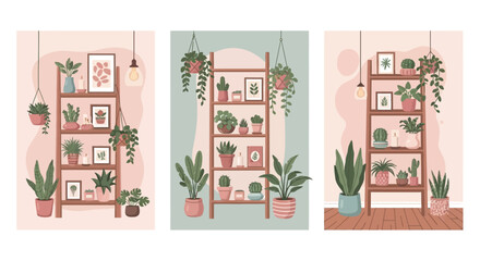 Three decorative illustrations showcasing leaning bookshelves filled with potted plants and framed artwork high quality © Shakil