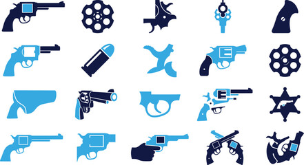 Blue and dark blue revolver and bullet icons, including parts and sheriff star, white background. © Icon Set