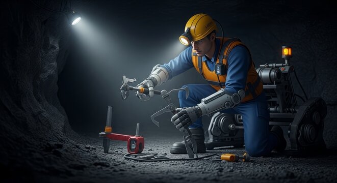 Industrial mining technician operating advanced robotic equipment inside deep dark cavern