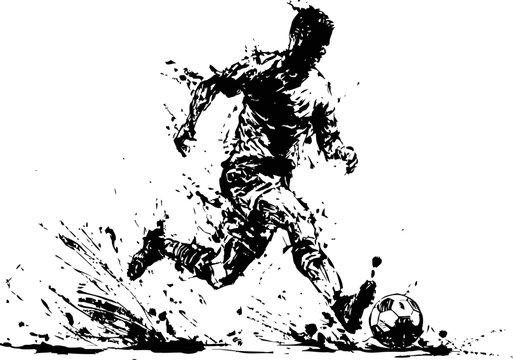Dynamic soccer player kicking ball with splashes of ink silhouette art illustration