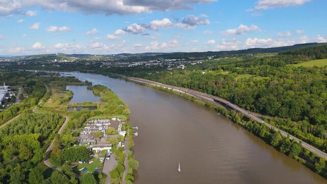 Cityscape of Trier and Konz in the Moselle valley, aerial view ship on Mosel river, Germany, summer landscape, rhineland palatine