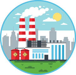 Obraz premium Industrial power plant with smokestacks, chemical storage tanks, and urban skyline background illustrating pollution, energy production, and environmental impact vector design