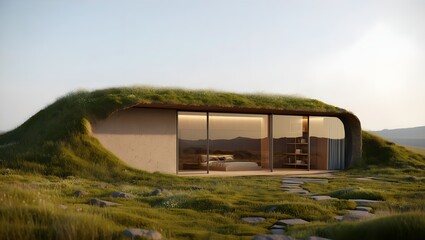 Fototapeta premium Cozy Tiny House Retreat Surrounded By Lush Greenery, Warm Interior Glow Visible Through Floor-To-Ceiling Glass Windows, Ultra Minimalist Architecture With Natural Wood Textures And Earthy Tones (AI-Ge