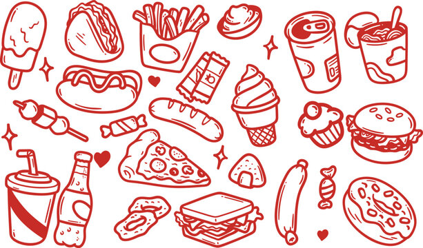 Hand drawn Italian fast food and junk food doodle set with pizza, burger, fries and sweets. Bold retro sketch collection perfect for menu, packaging & branding.
