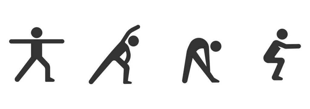 Stickman human icon set, Sports training action pack, Active sports movement collection. Isolated human silhouettes.
