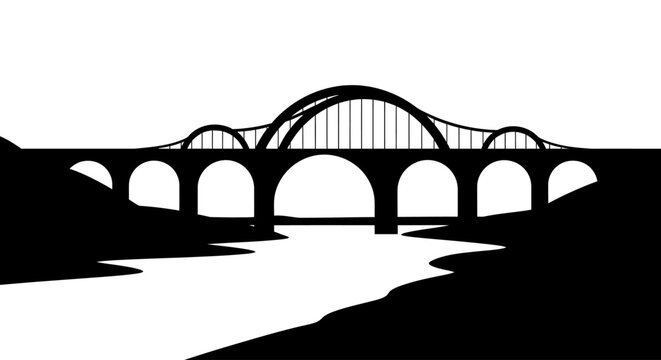Minimalist black and white illustration of an arched bridge over a river.